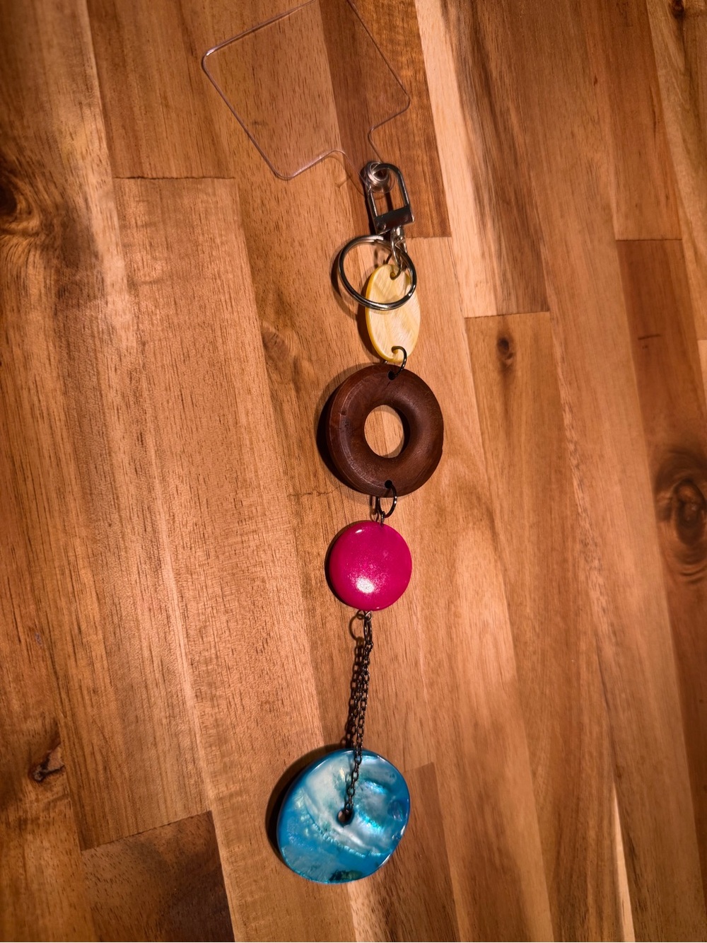 Colorful Wooden & Shell Keychain/bag charm/phone accessory- Pink, Blue, Brown